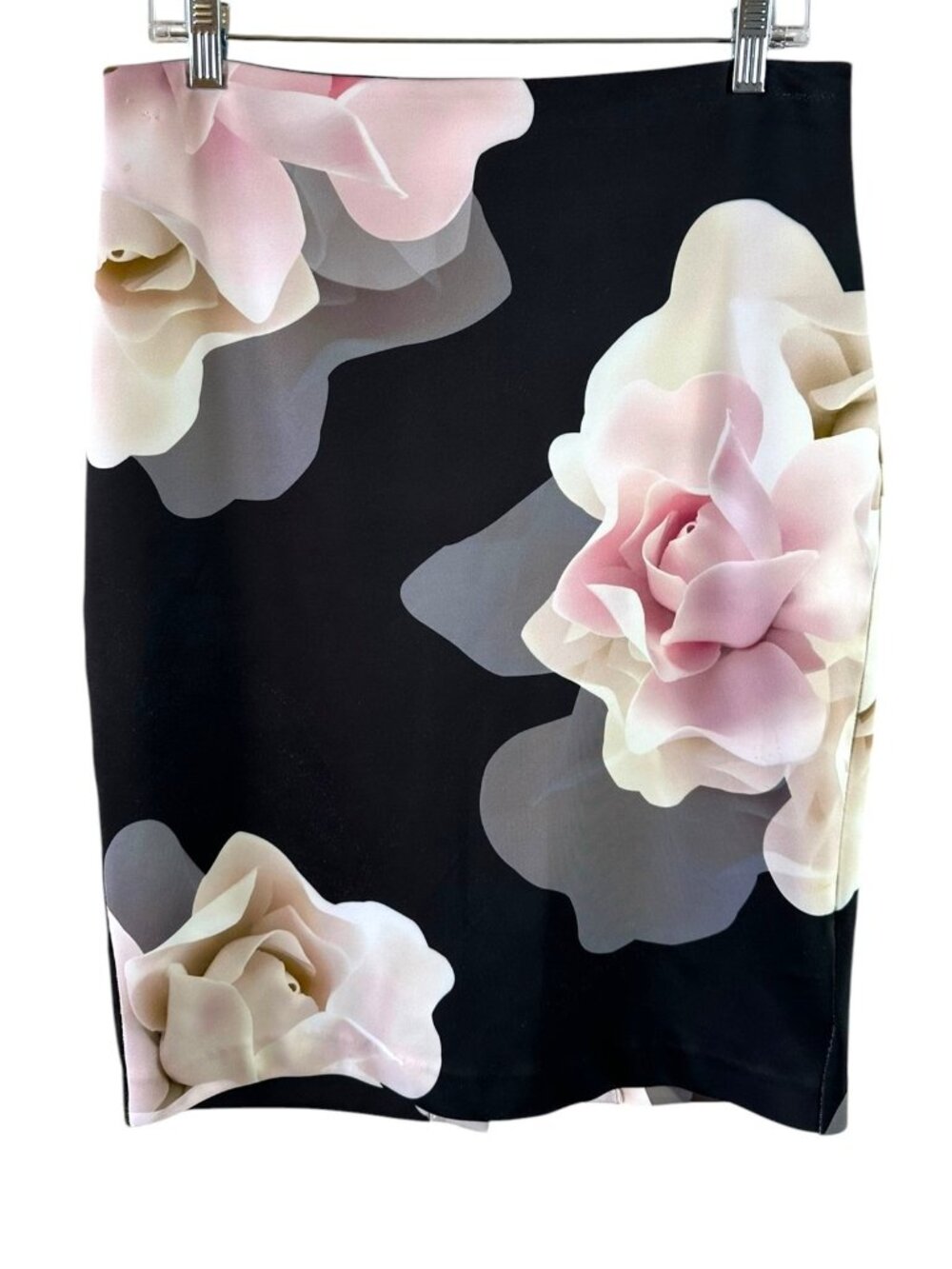 FLAW Ted Baker London Black Floral Pencil Skirt Ponte Knit Pink Rose Sz 3 (M/L) - Picture 2 of 7